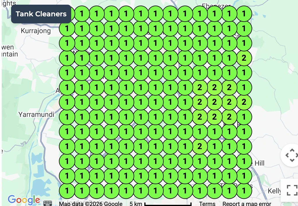 STC Tank Cleaners local ranking scan for septic tank services on 9 October 2026, showing first place at most checked locations and second place at the remaining visible points